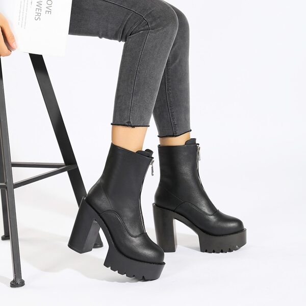 

Zip Front Chunky Heeled Boots, Black