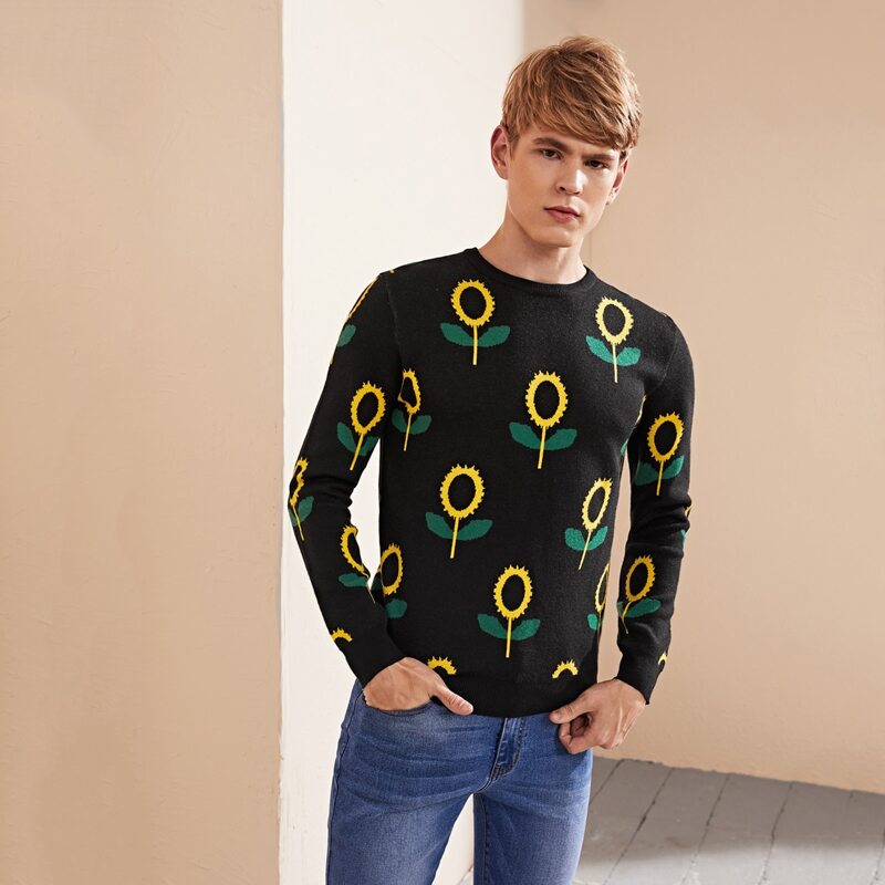 

Guys Flower Pattern Crew Neck Sweater, Black