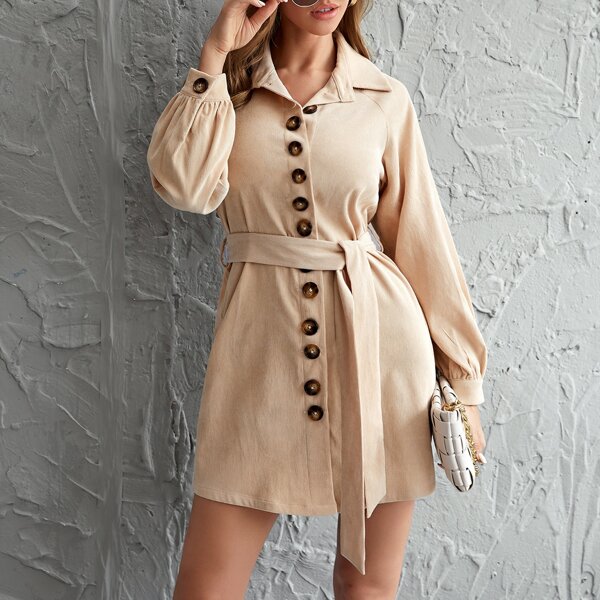 

Raglan Sleeve Single Breasted Self Belted Cord Dress, Apricot