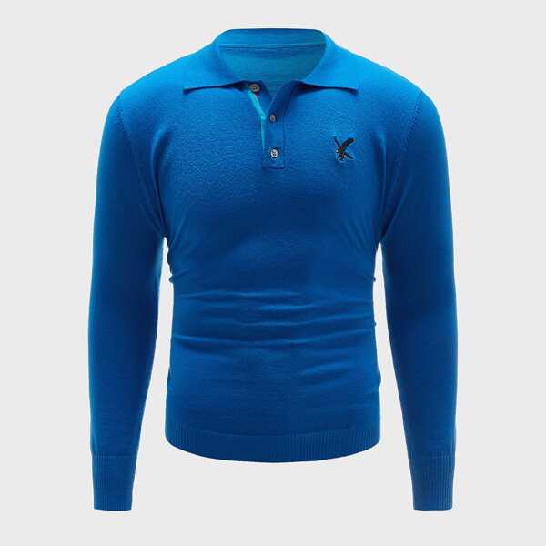 

Men Embroidered Quarter Button Sweater, Blue
