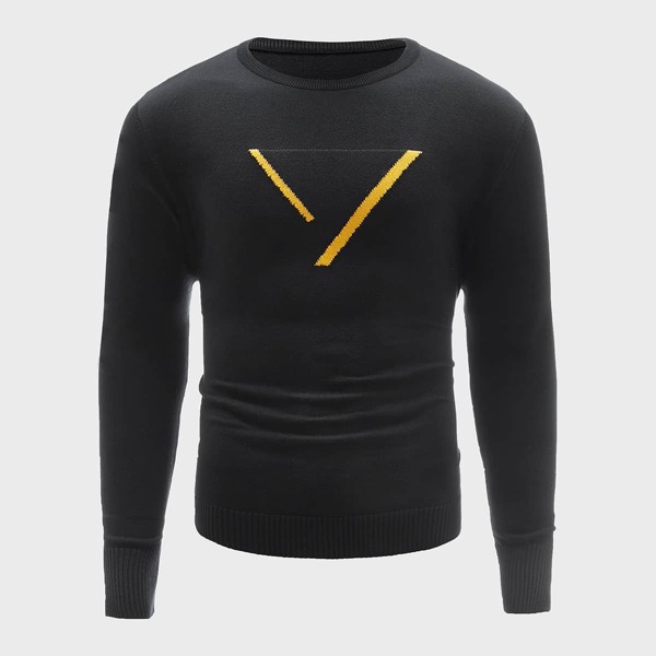 

Men Geo Pattern Round Neck Sweater, Black