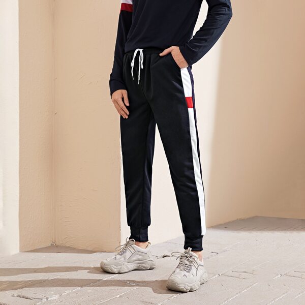 

Men Side Striped Drawstring Sweatpants, Navy blue