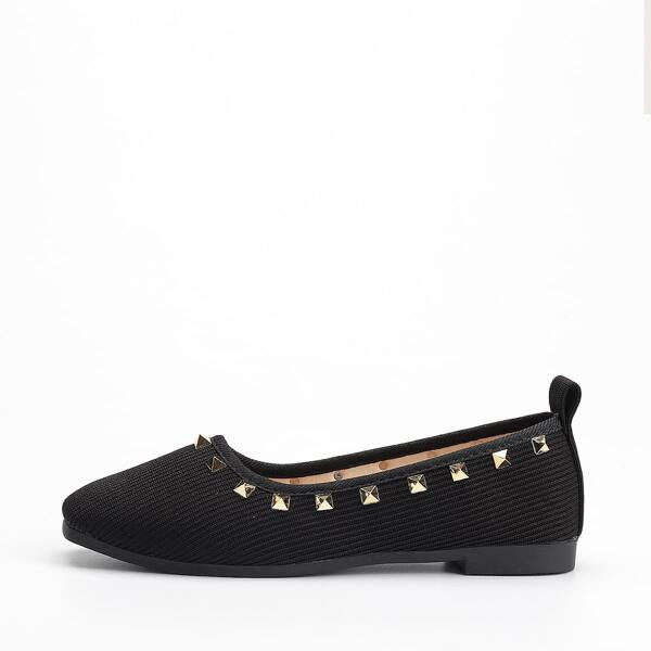 

Square Toe Rivet Decor Knit Flats, Black