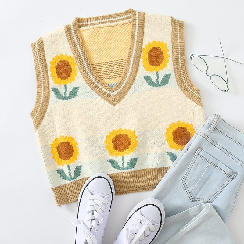 

Sunflower Pattern Sweater Vest, Multicolor