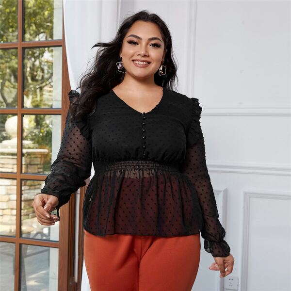 

Plus Swiss Dot Shirred Waist Ruffle Hem Blouse, Black