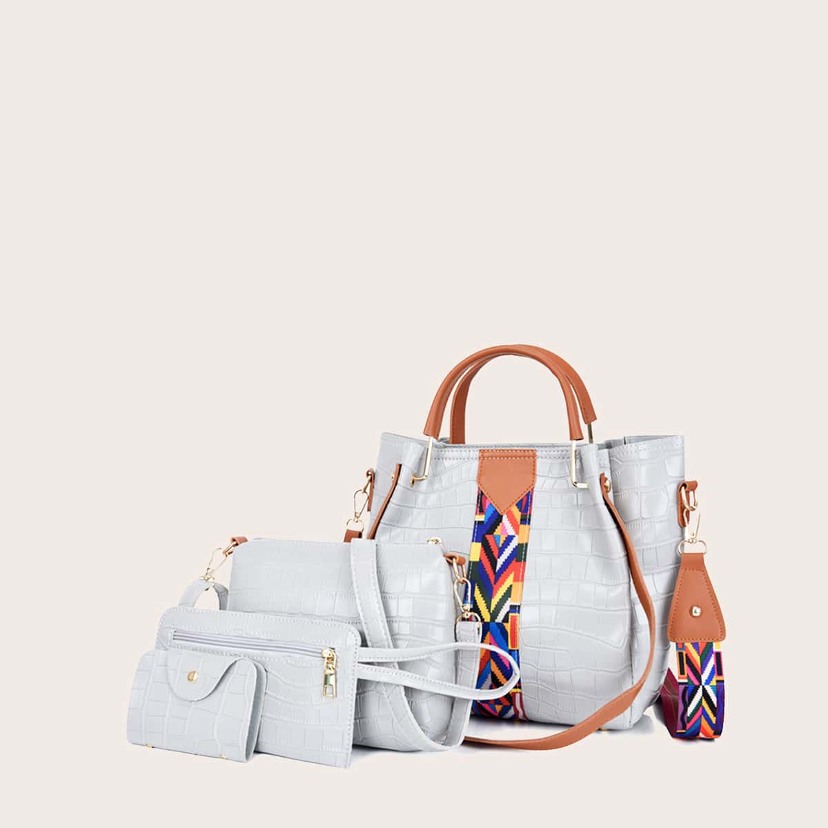 4pcs Croc Embossed Satchel Bag Set, Grey