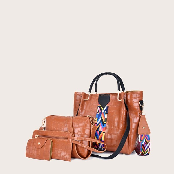 

4pcs Croc Embossed Satchel Bag Set, Brown