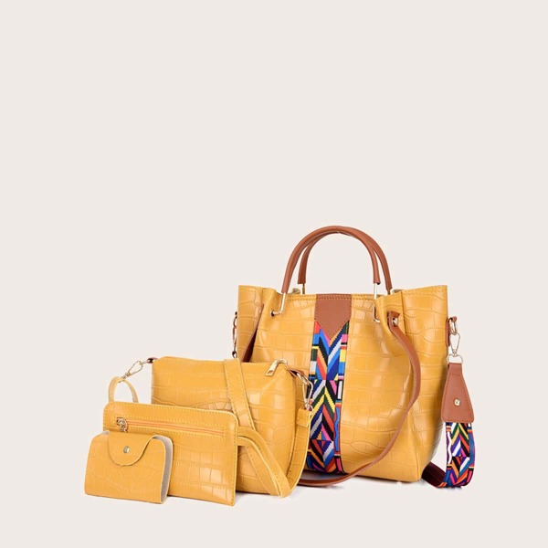 

4pcs Croc Embossed Satchel Bag Set, Yellow