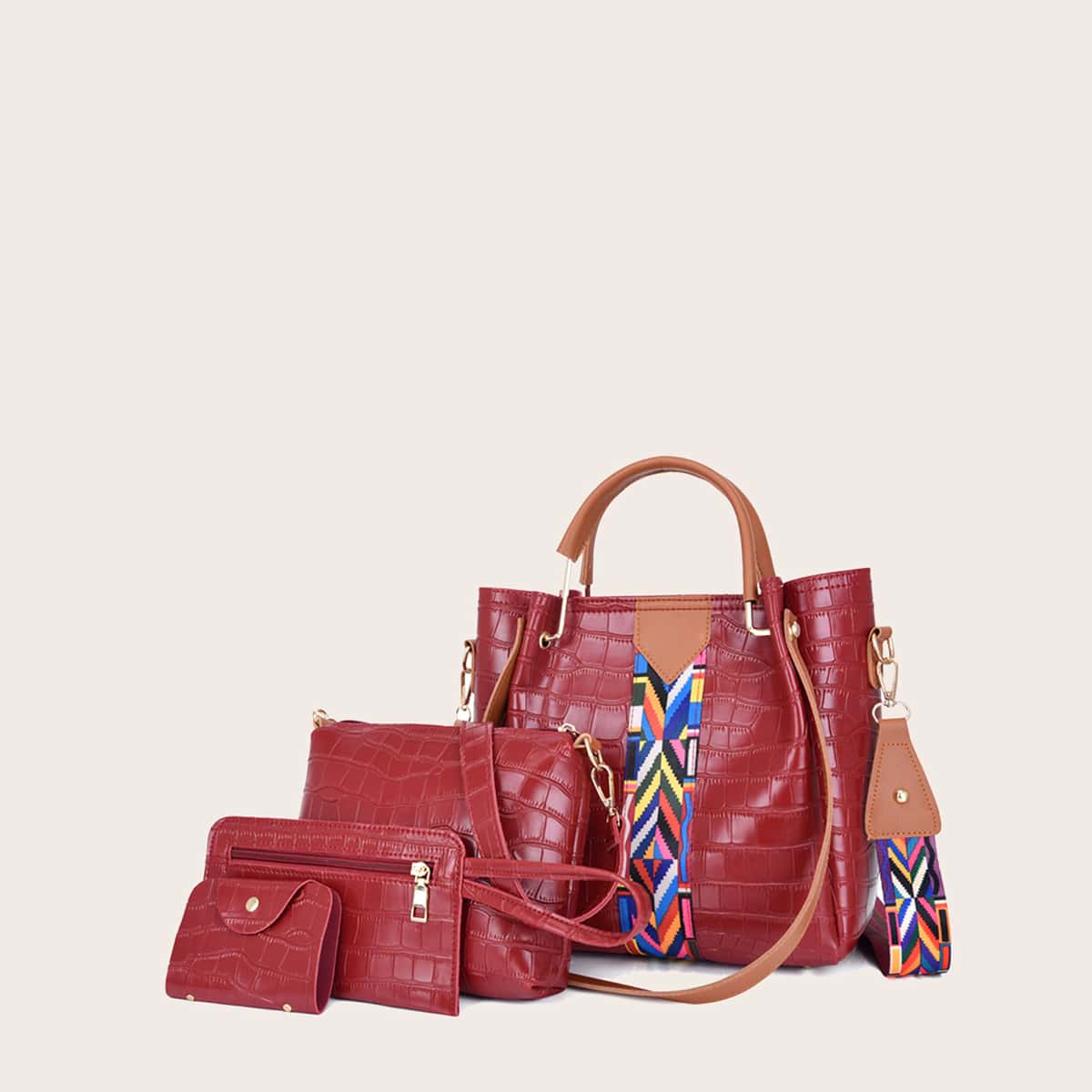 

4pcs Croc Embossed Satchel Bag Set, Red