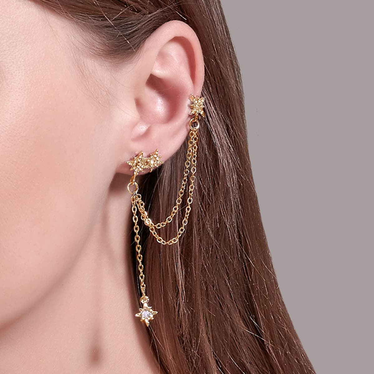 

2pcs Rhinestone Star Stud Earrings, Gold