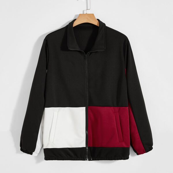 

Men Color Block Zip Up Slant Pocket Jacket, Black