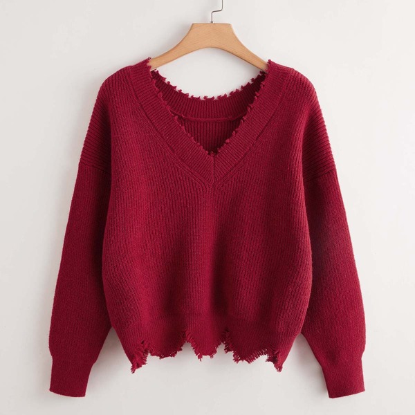 

Plus V-neck Drop Shoulder Distressed Sweater, Rose red