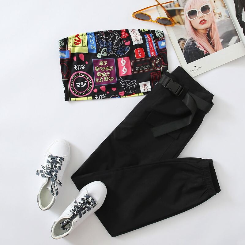 

Pop Art Print Tube Top & Solid Pants, Multicolor