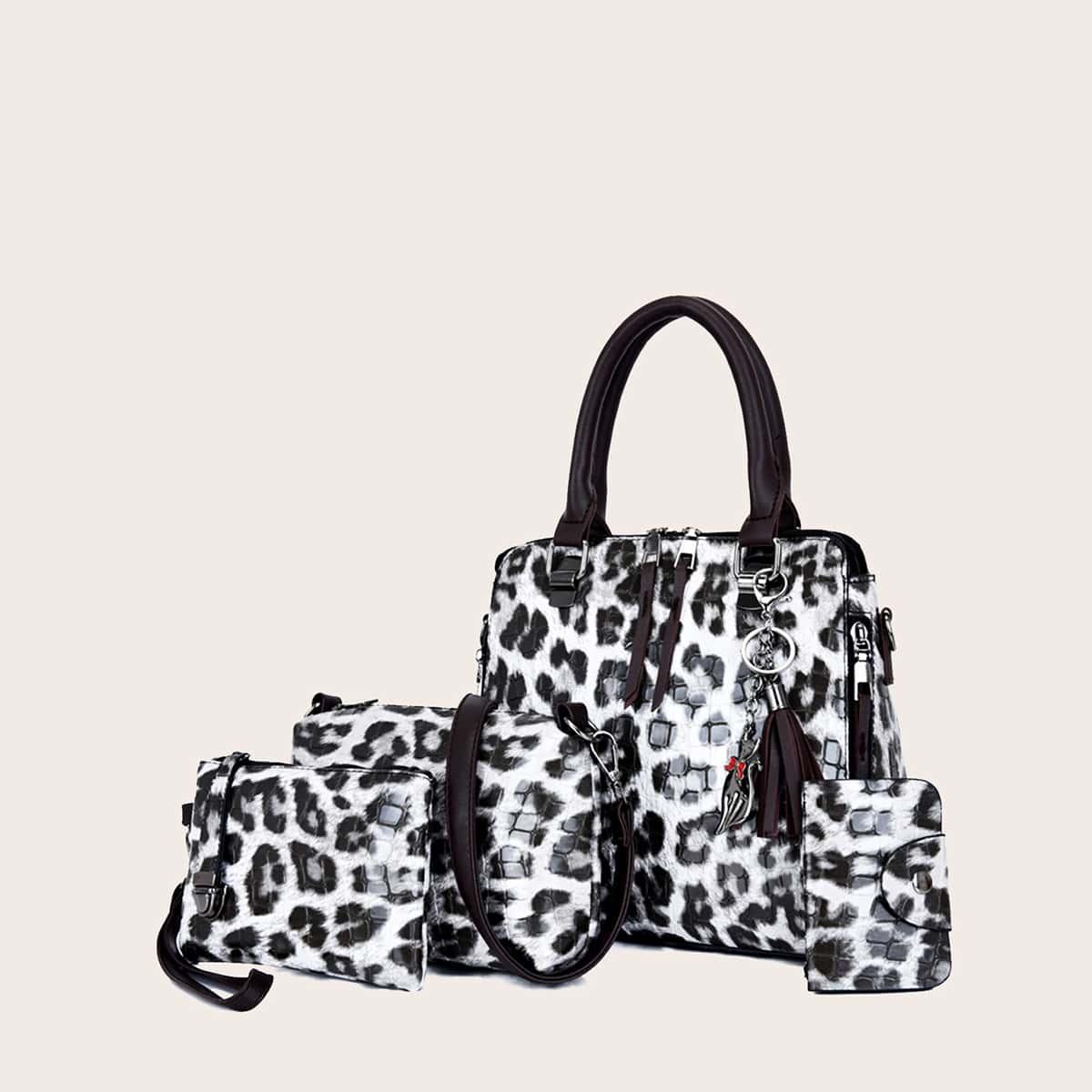 

4pcs Tassel Decor Leopard Satchel Bag Set, Black and white