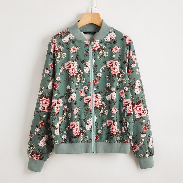

Zip Up Floral Print Bomber Jacket, Green