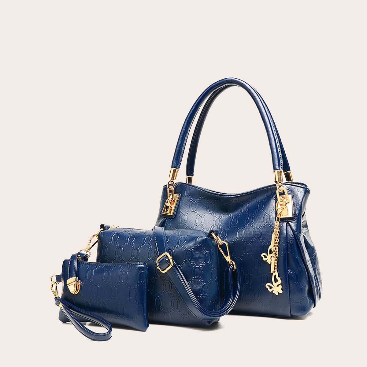 

3pcs Geometric Embossed Satchel Bag Set, Blue