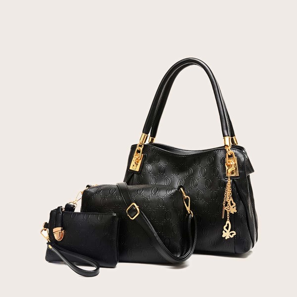 

3pcs Geometric Embossed Satchel Bag Set, Black