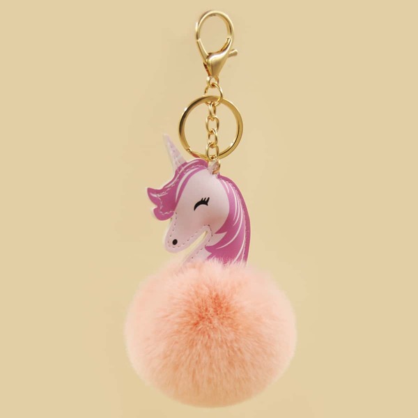 

Cartoon & Pom Pom Charm Keychain, Coral orange