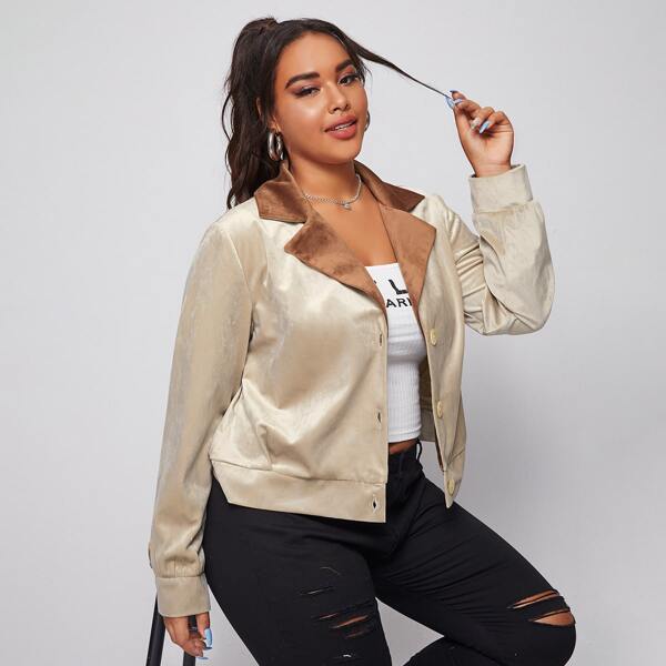 

Plus Lapel Neck Velvet Jacket, Beige