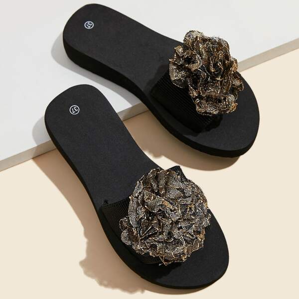 

Flower Decor Thick Sole Slides, Gold