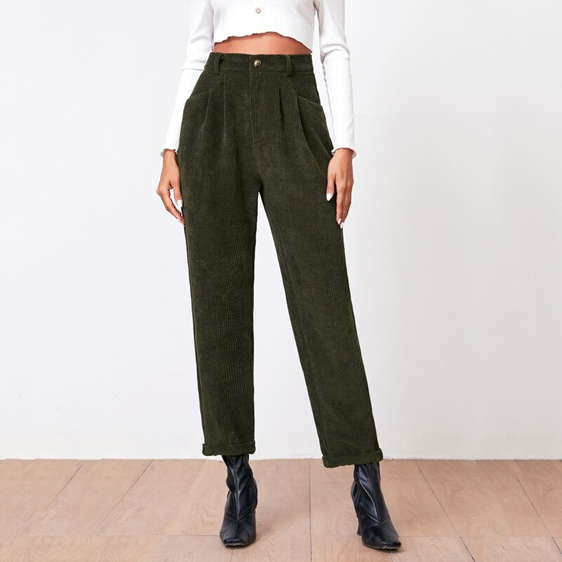 

Buttoned Front Cuffed Cord Pants, Army green