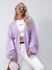 SHEIN Blouson Sleeve Cable Knit Cardigan - Lilac Purple - View 1
