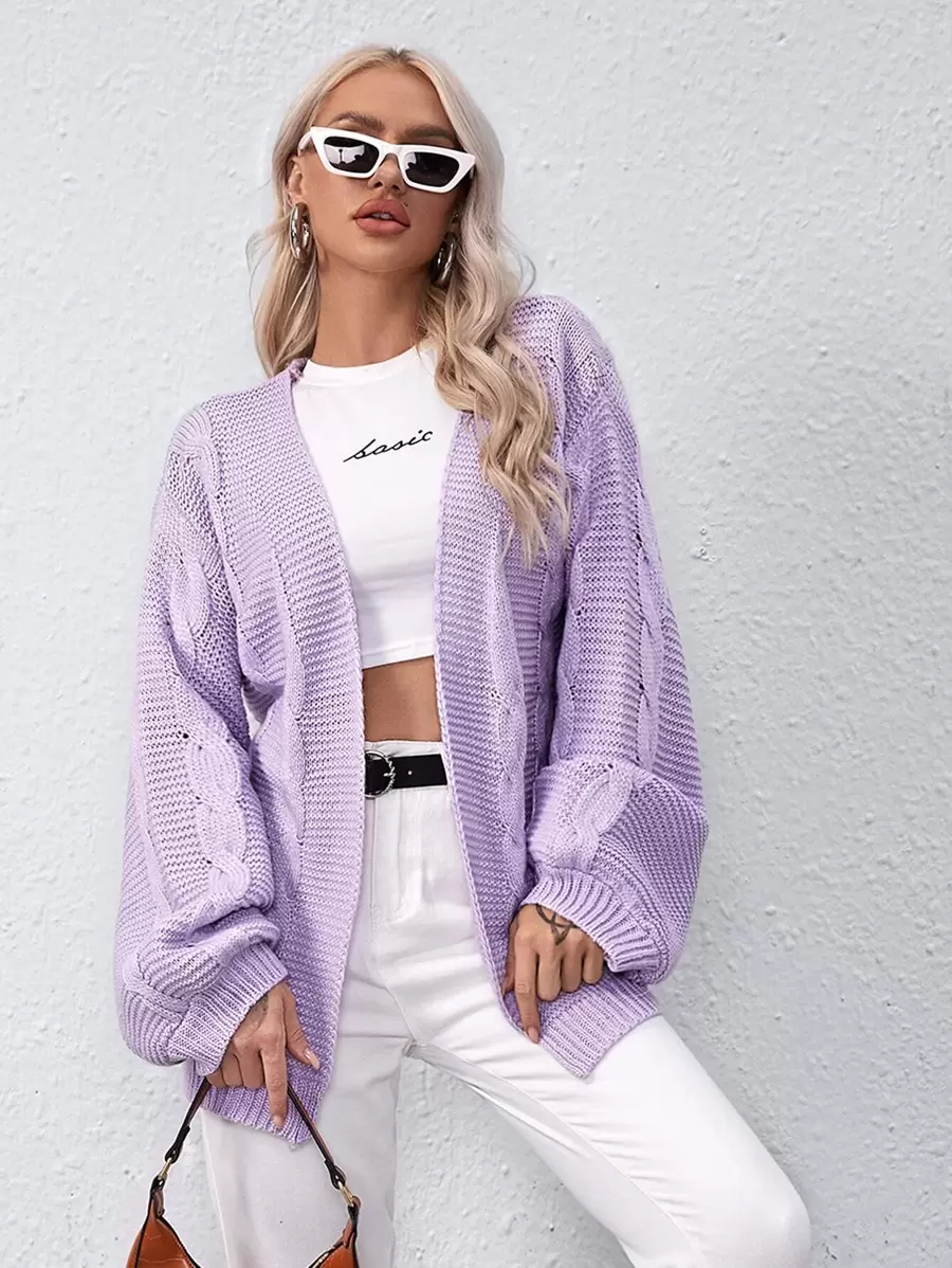 SHEIN Blouson Sleeve Cable Knit Cardigan - Lilac Purple - View 1