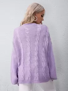 SHEIN Blouson Sleeve Cable Knit Cardigan - Lilac Purple - View 2