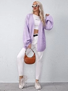 SHEIN Blouson Sleeve Cable Knit Cardigan - Lilac Purple - View 3