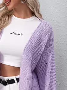 SHEIN Blouson Sleeve Cable Knit Cardigan - Lilac Purple - View 4