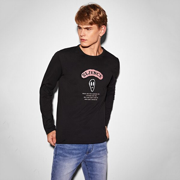 

Men Slogan and Cartoon Graphic Top, Black