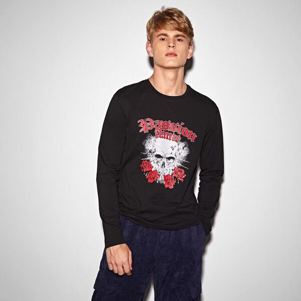 

Men Skull & Floral Print Tee, Black