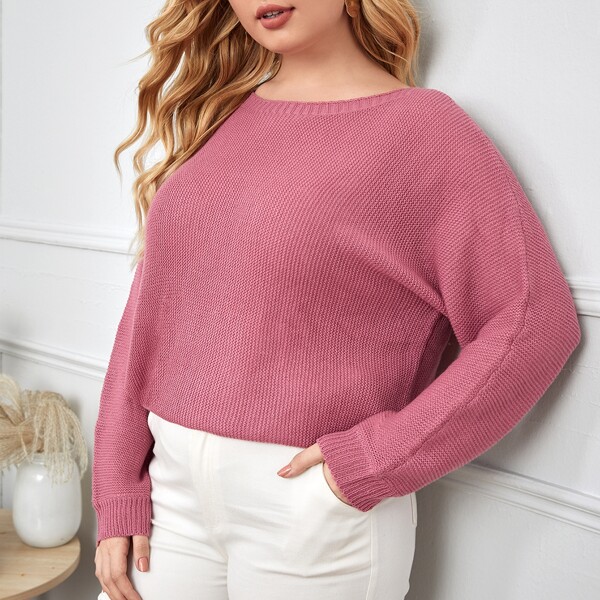 

Plus Solid Batwing Sleeve Sweater, Pink