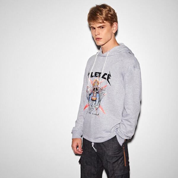 

Men Letter and Skeleton Print Drawstring Hoodie, Light grey