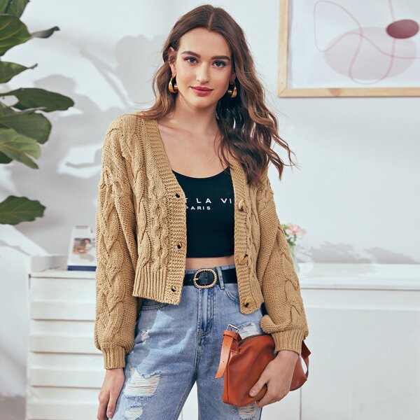 

Cable Knit Drop Shoulder Cardigan, Camel