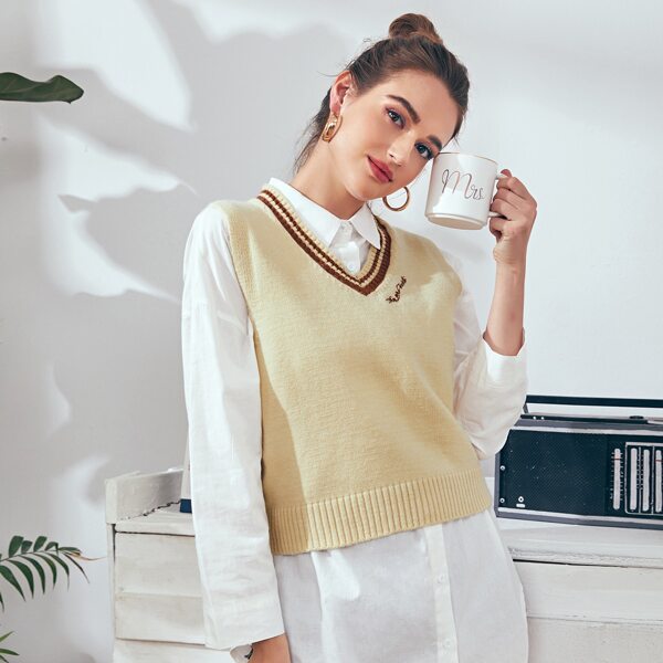 

Letter Embroidery Striped Sweater Vest, Beige