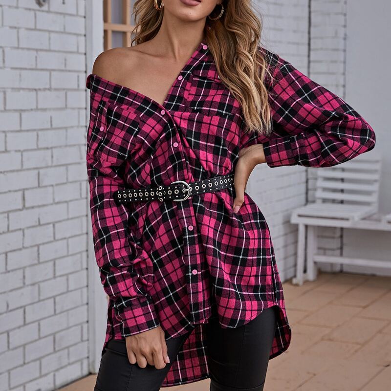 

Single Breasted Pocket Front Dip Hem Tartan Blouse Without Belt, Multicolor