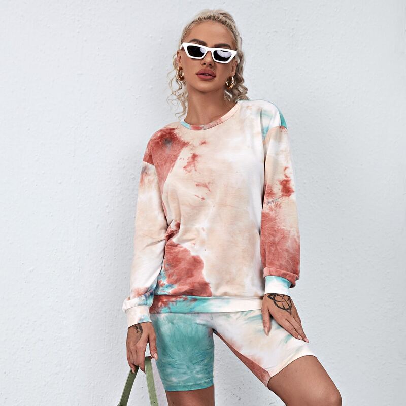 

Drop Shoulder Tie Dye Pullover & Biker Shorts Set, Multicolor