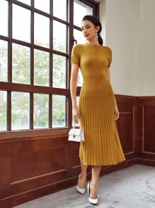 SHEIN Ribbed Knit Solid Sweater Dress - Mustard Yellow - View 1