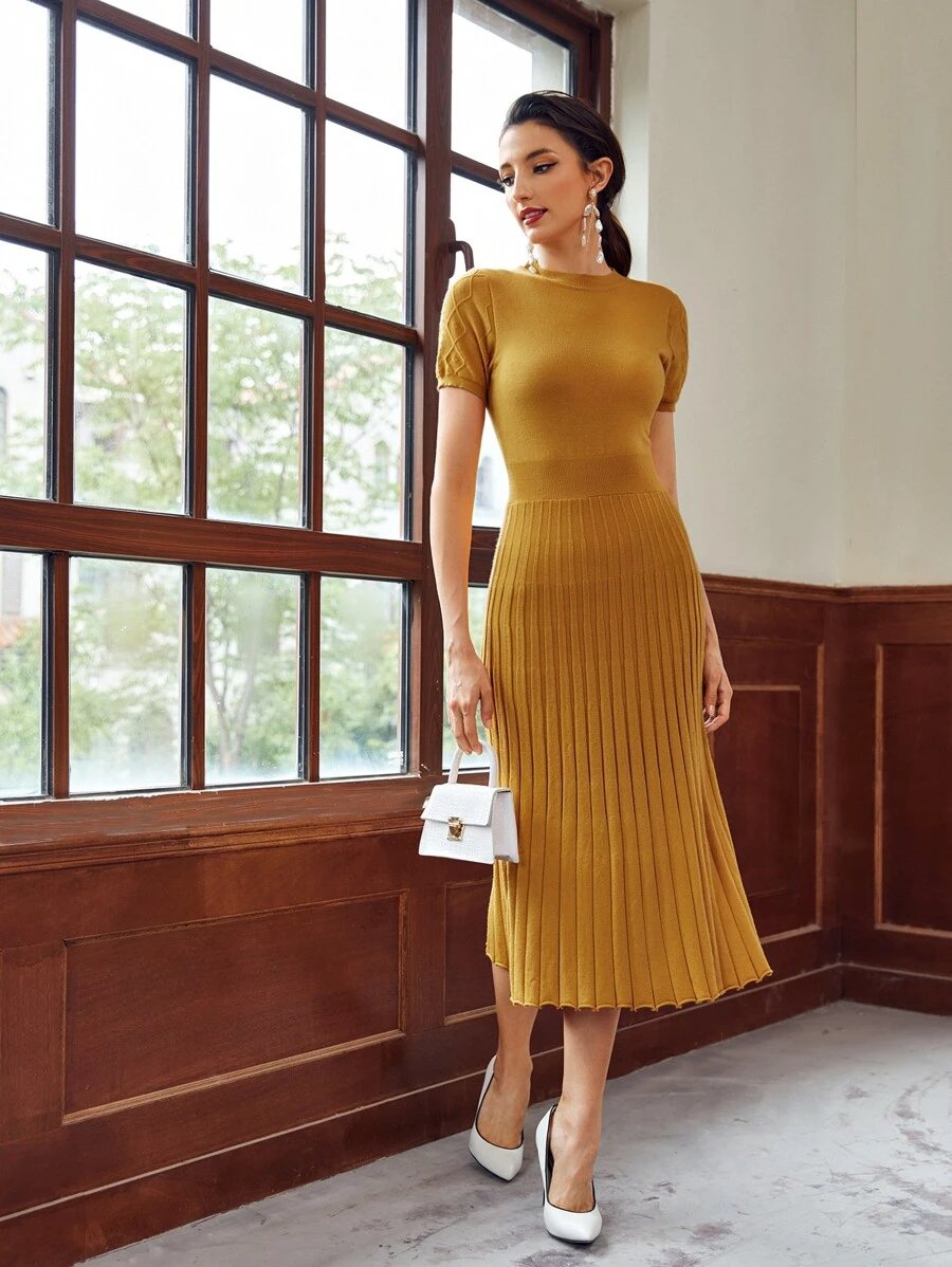 SHEIN Ribbed Knit Solid Sweater Dress - Mustard Yellow - View 1