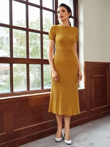 SHEIN Ribbed Knit Solid Sweater Dress - Mustard Yellow - View 3