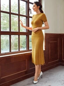 SHEIN Ribbed Knit Solid Sweater Dress - Mustard Yellow - View 5