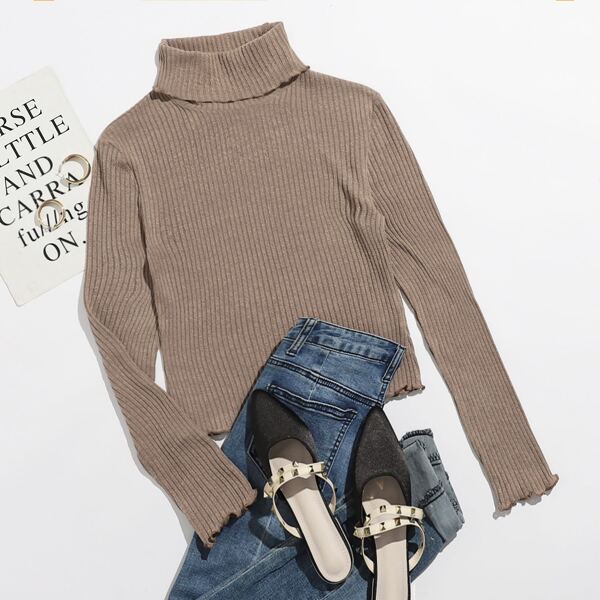 

Turtle Neck Lettuce Trim Rib-knit Tee, Mocha brown