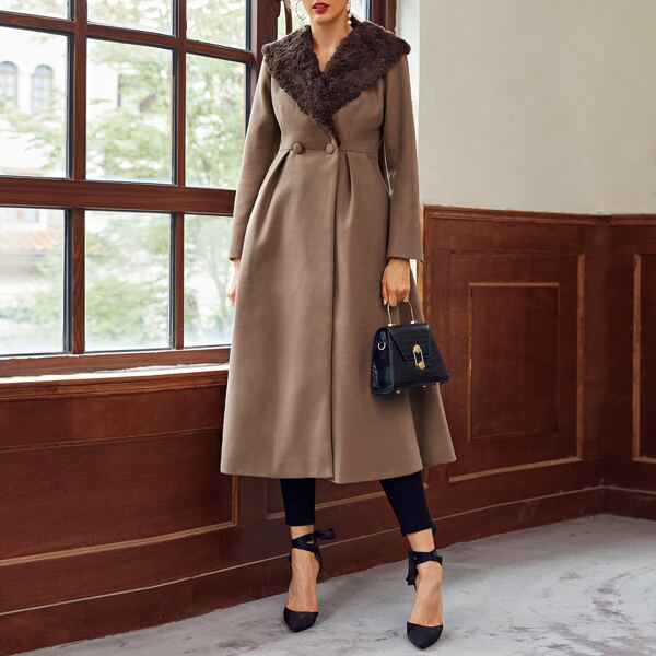 

Double Button Flare Hem Waterfall Coat, Mocha brown