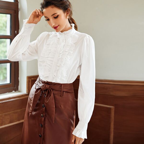 

Frilled Neck Layered Ruffle Trim Blouse, White