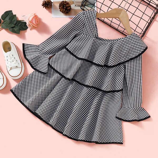 

Toddler Girls Contrast Binding Gingham Dress, Black and white
