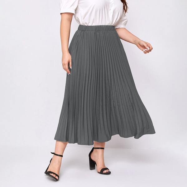 

Plus Elastic Waist Pleated Skirt, Dark grey