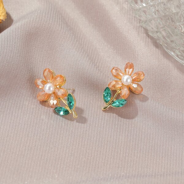 

Rhinestone Decor Flower Design Stud Earrings, Orange