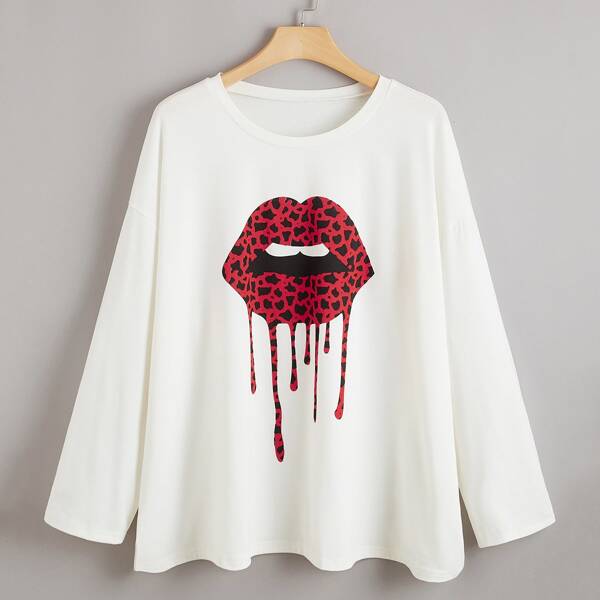 

Plus Lip Print Drop Shoulder Tee, White