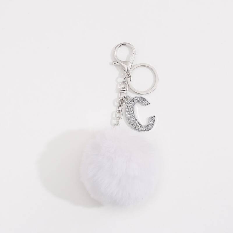 

Rhinestone Decor Letter & Pom Pom Charm Keychain, White